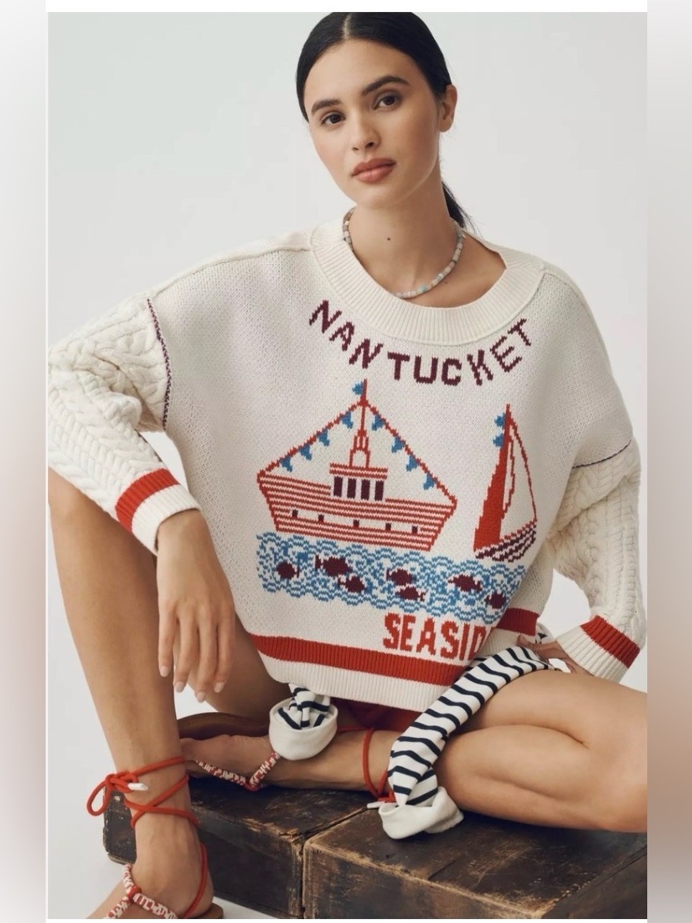 Maeve Cream Nantucket Seaside Graphic Crewneck Sweater with Red & Blue Accents
